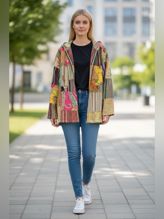 Katmandu Trading Company Jackets & Blazers - KATMANDU Patchwork Hooded Jacket - Multicolor Boho, size S/M